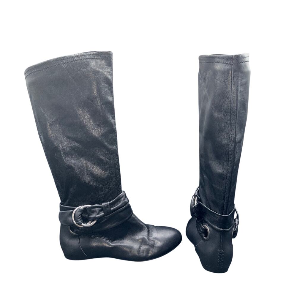 B. Makowsky Rebay Black Leather Riding Boots Women’s Size 7M Harness Buckle